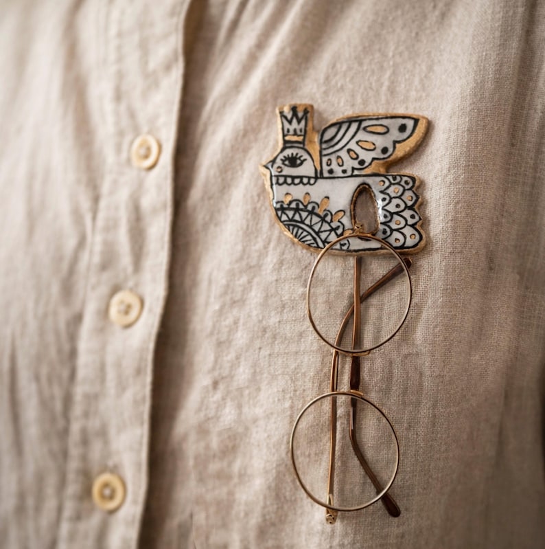 Hand Painted Clay Bird Eyeglass Holder Pin