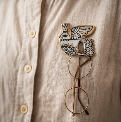 Hand Painted Clay Bird Eyeglass Holder Pin