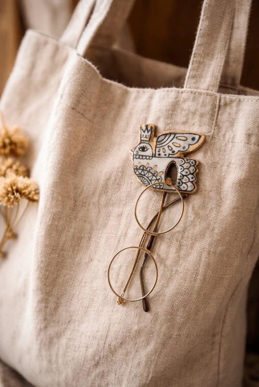 Hand Painted Clay Bird Eyeglass Holder Pin