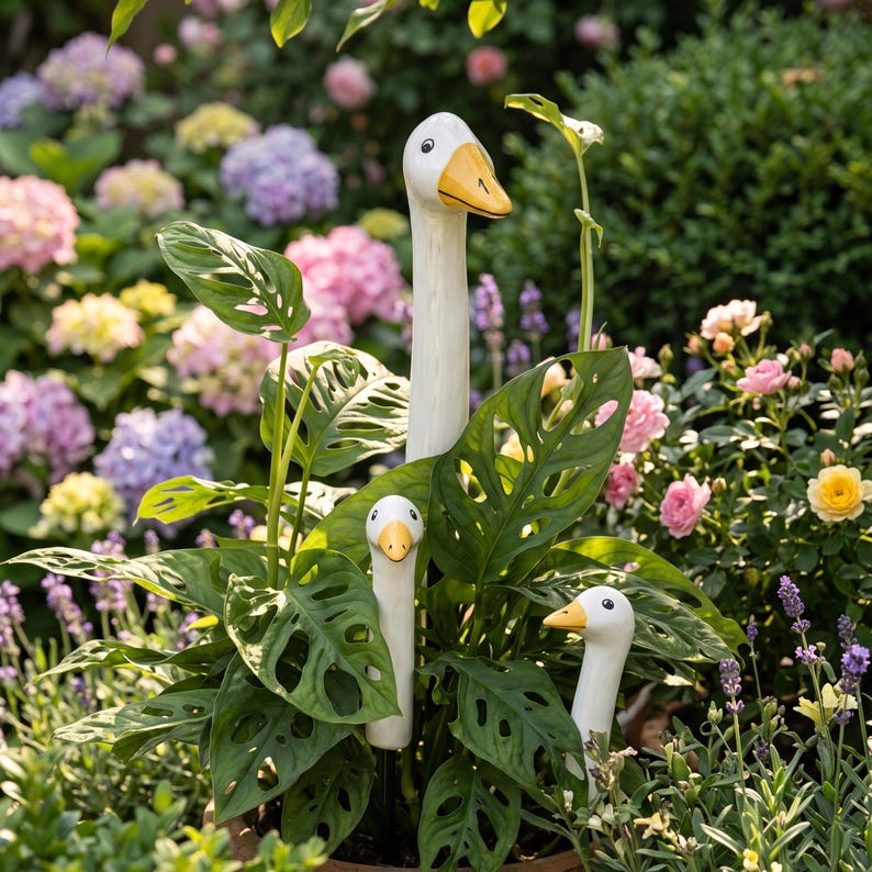 Goose Plant Stake, Cute White Goose Plant Pot Decor, Whimsical Houseplant Accessory, Garden Goose Stake, Plant Lover Gift For Her